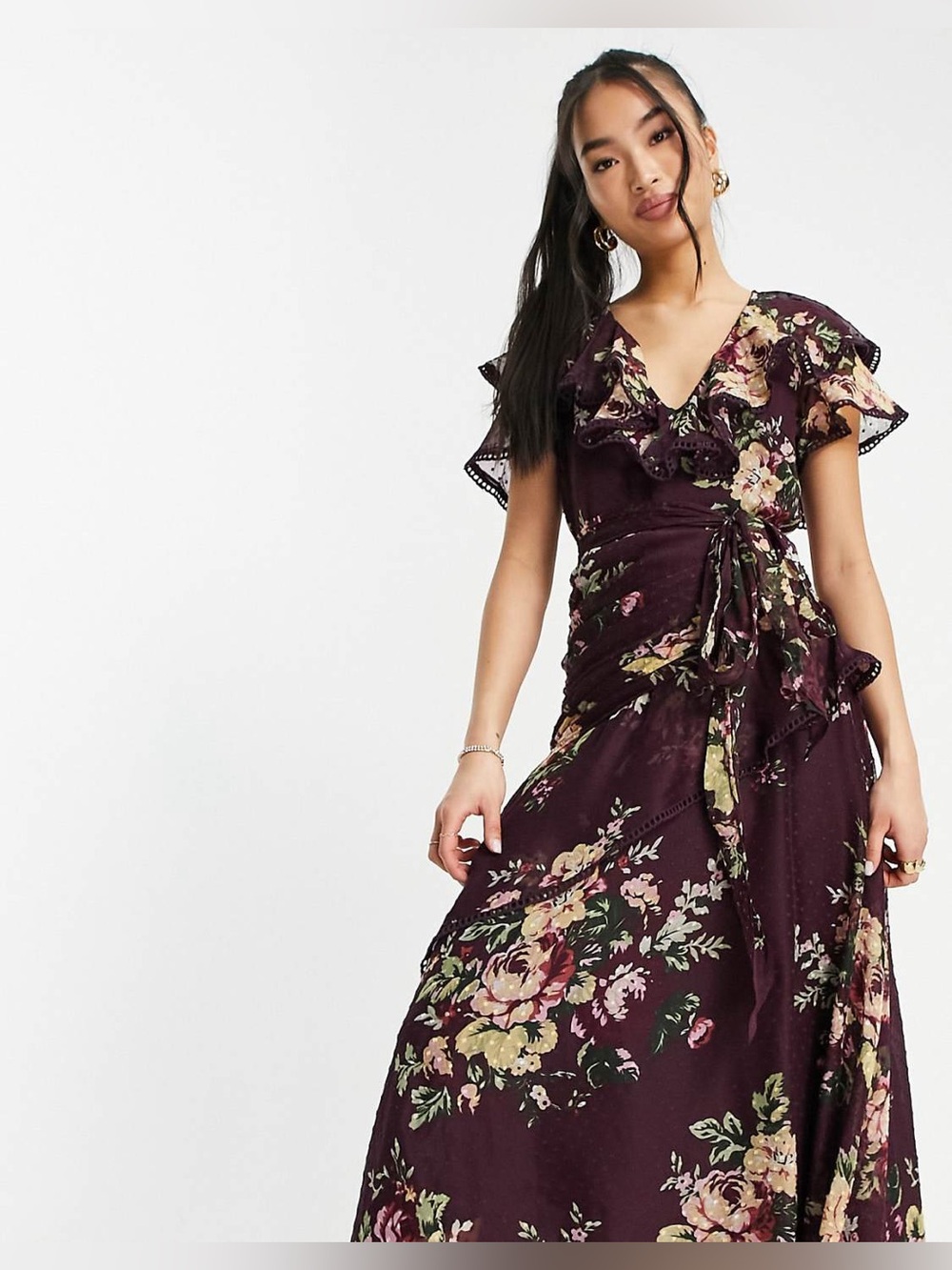 ASOS Plum Floral Wrap Maxi Dress with Ruffle Neckline